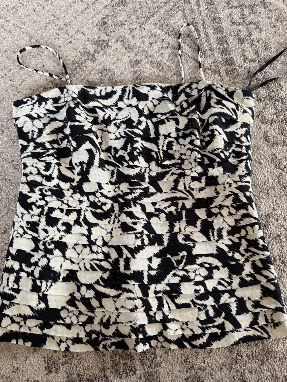 dressbarn Black and Cream Printed Spaghetti-Strap top